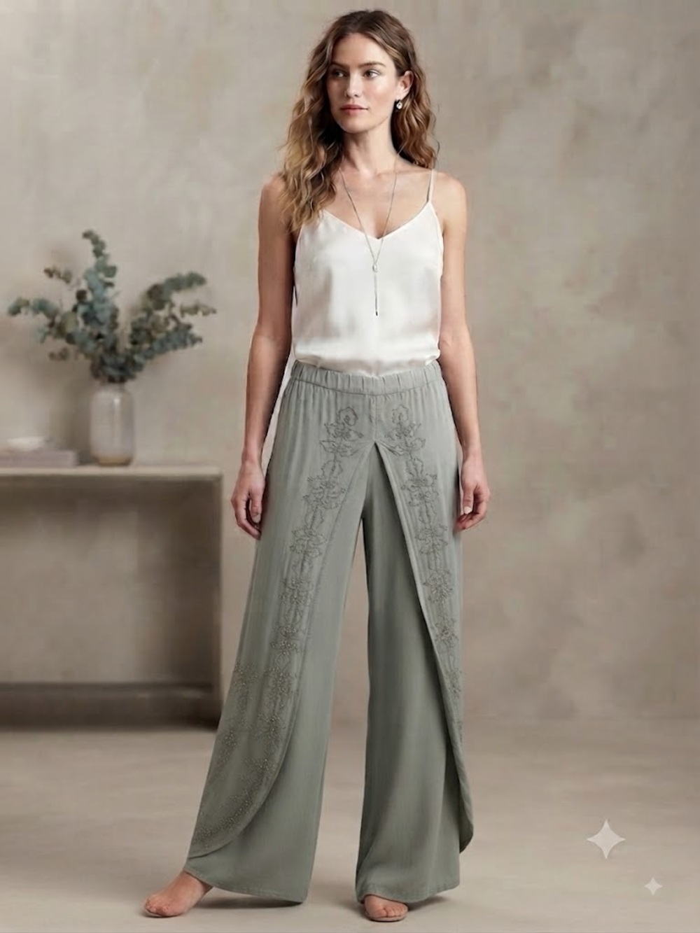 Embroidered Light Sage Green Wide-Leg Overlay Pants